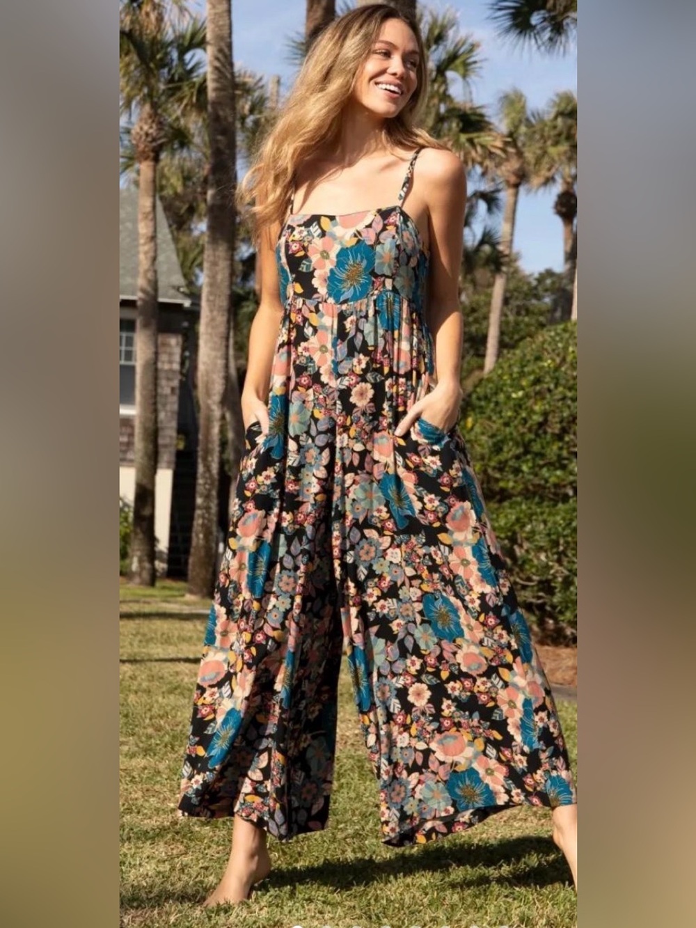 NATURAL LIFE Black Floral Wide-Leg Jumpsuit with Blue & Pink Flowers